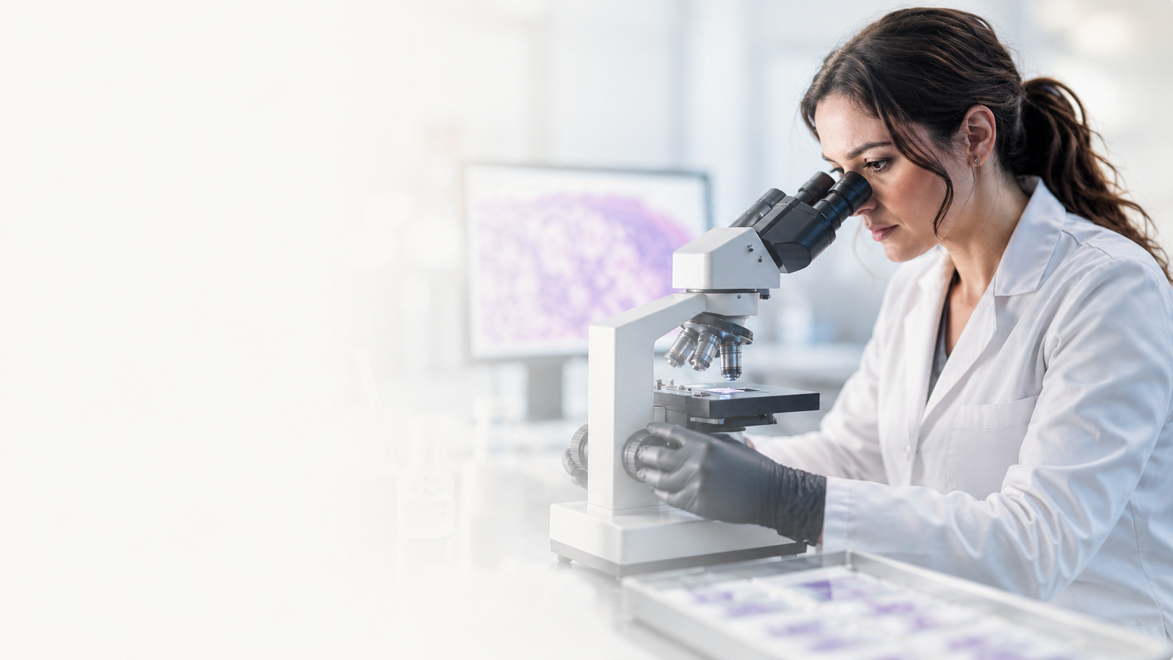 Specialist examining a histology slide under the microscope
